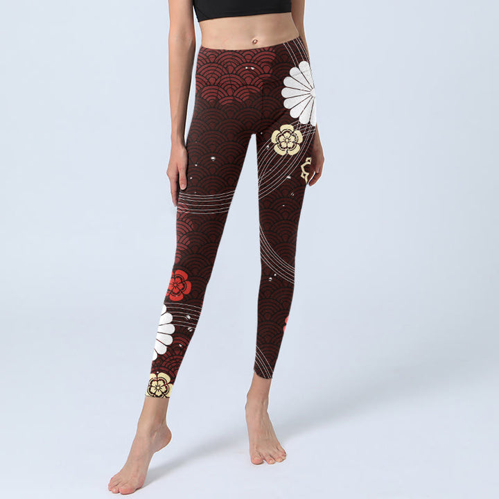 Leggings de yoga para mujer con estampado floral en abanico y ondas de Buddha Stones en marrón rojizo - image 6