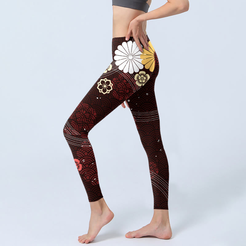 Leggings de yoga para mujer con estampado floral en abanico y ondas de Buddha Stones en marrón rojizo - image 3