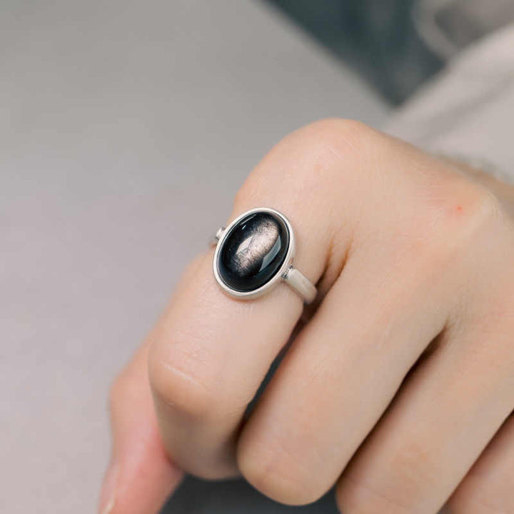 Anillo de protección ajustable con obsidiana y brillo de plata de ley 925 natural de Buddha Stones - Estilo A (aproximadamente 16 x 12 mm) - image 6