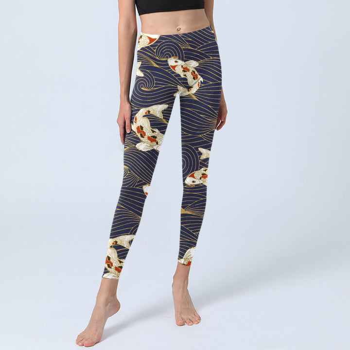 Leggings de yoga para mujer con estampado de olas del océano, peces koi blancos y rojos y Buddha Stones - image 2