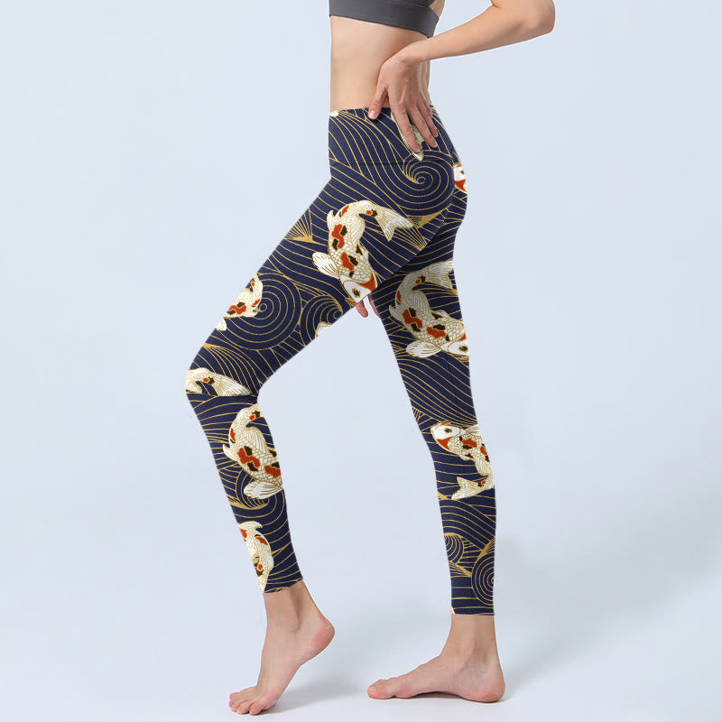 Leggings de yoga para mujer con estampado de olas del océano, peces koi blancos y rojos y Buddha Stones - image 3