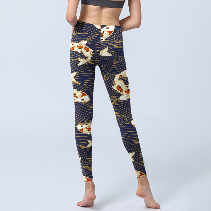Leggings de yoga para mujer con estampado de olas del océano, peces koi blancos y rojos y Buddha Stones - image 6