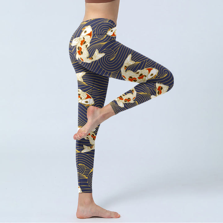 Leggings de yoga para mujer con estampado de olas del océano, peces koi blancos y rojos y Buddha Stones - image 4