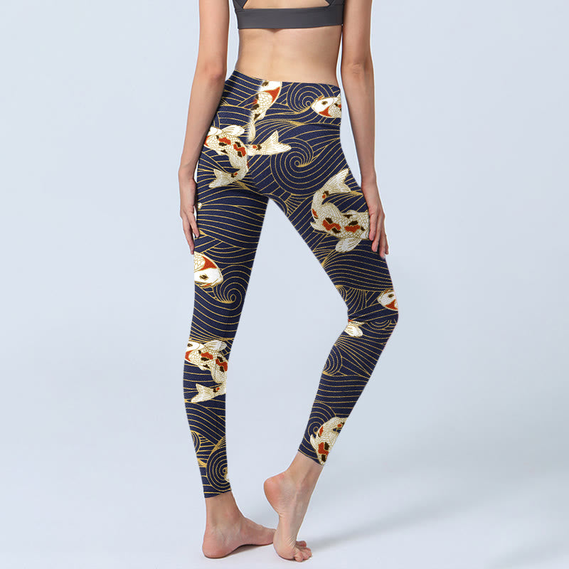 Leggings de yoga para mujer con estampado de olas del océano, peces koi blancos y rojos y Buddha Stones - image 4