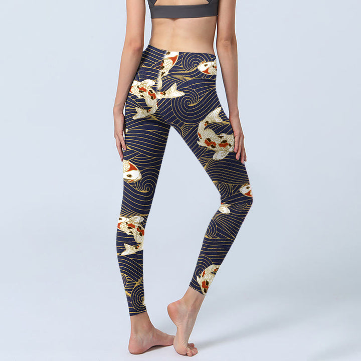 Leggings de yoga para mujer con estampado de olas del océano, peces koi blancos y rojos y Buddha Stones - image 4
