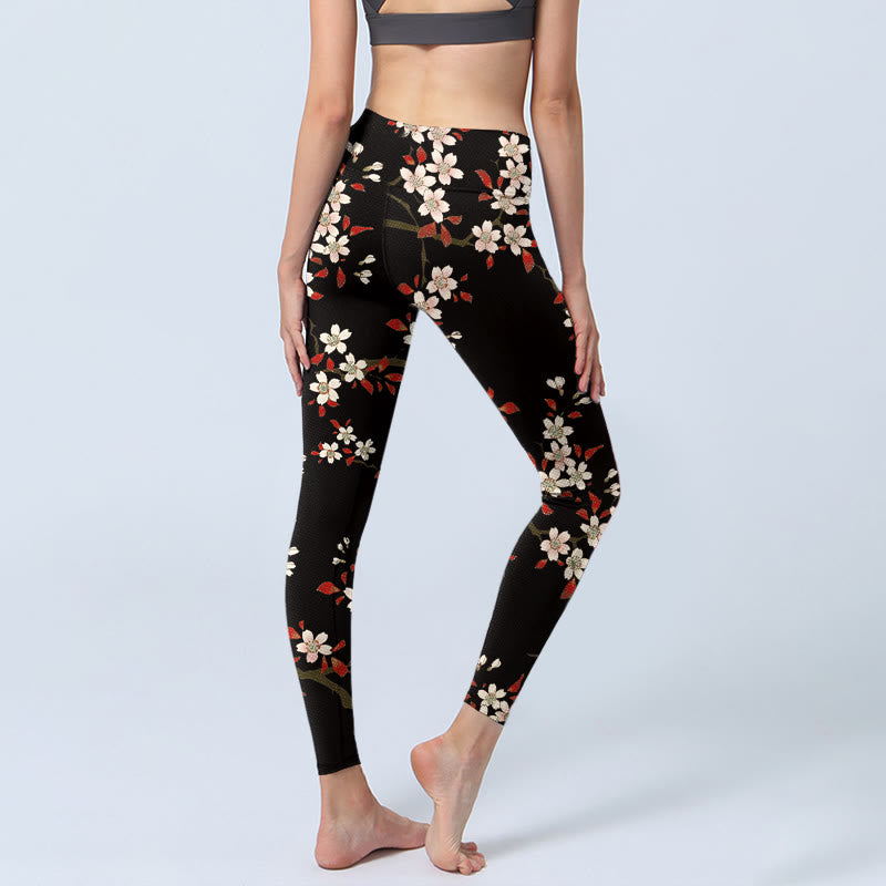 Leggings de yoga para mujer con estampado de hojas rojas y flores de cerezo blancas y piedras de Buddha Stones - image 5