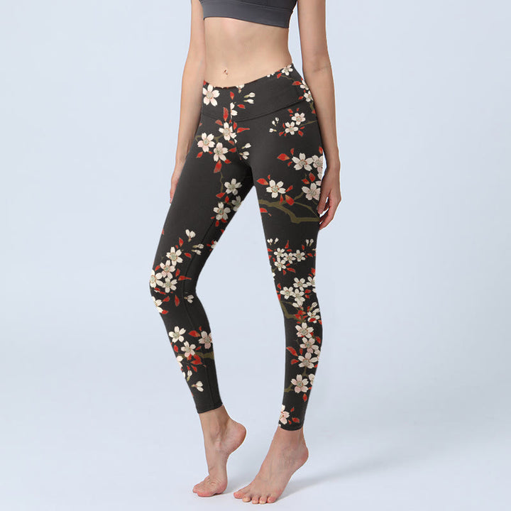 Leggings de yoga para mujer con estampado de hojas rojas y flores de cerezo blancas y piedras de Buddha Stones - Negro - US18，UK/AU22，EU50 (4XL) - image 0