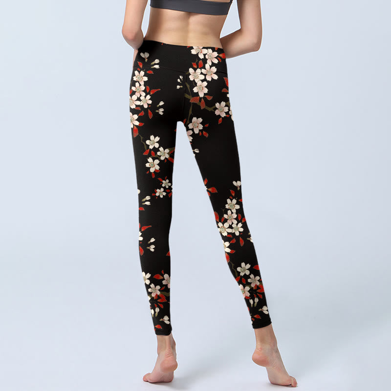 Leggings de yoga para mujer con estampado de hojas rojas y flores de cerezo blancas y piedras de Buddha Stones - image 7