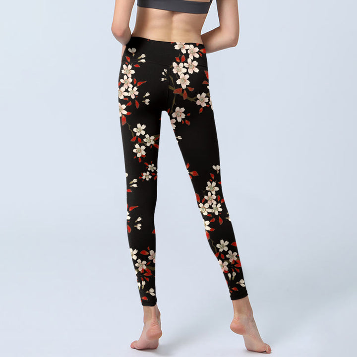 Leggings de yoga para mujer con estampado de hojas rojas y flores de cerezo blancas y piedras de Buddha Stones - image 7