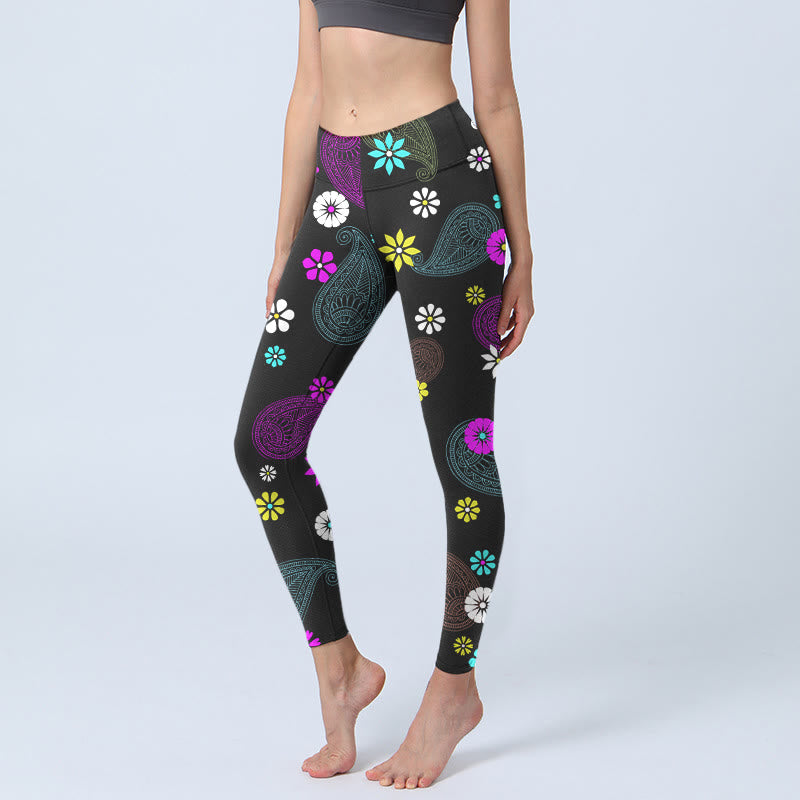Leggings de yoga para mujer con estampado de flores de anacardo y Buddha Stones - Negro - US18，UK/AU22，EU50 (4XL) - image 1
