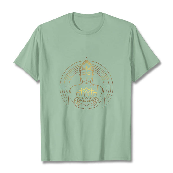 Camiseta con Buddha Stones dorado sosteniendo una flor de loto y piedras de Buda - Verde pálido - 2XL - image 14