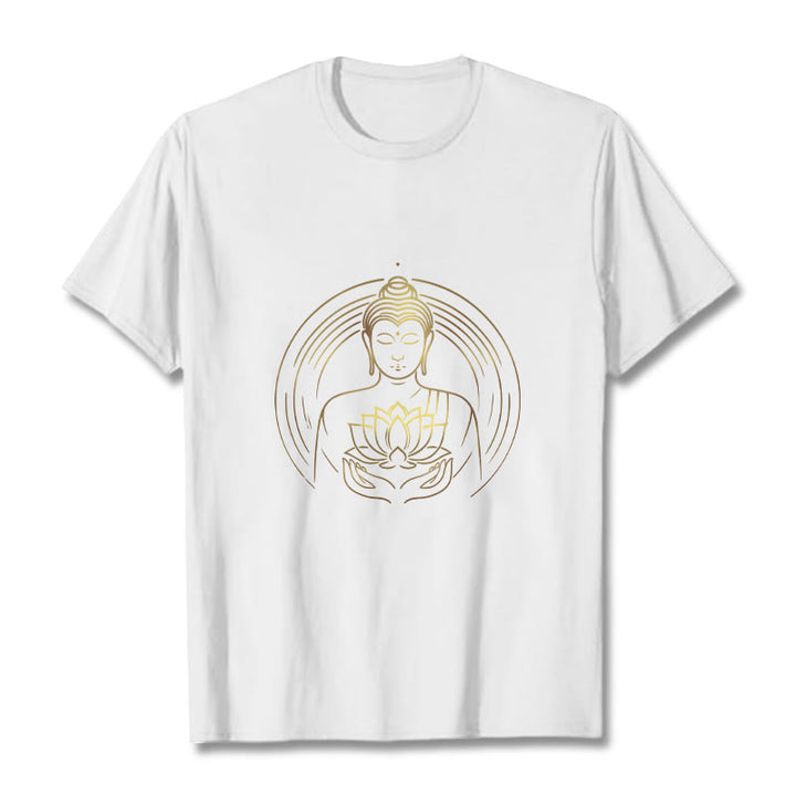 Camiseta con Buddha Stones dorado sosteniendo una flor de loto y piedras de Buda - Blanco - 2XL - image 0