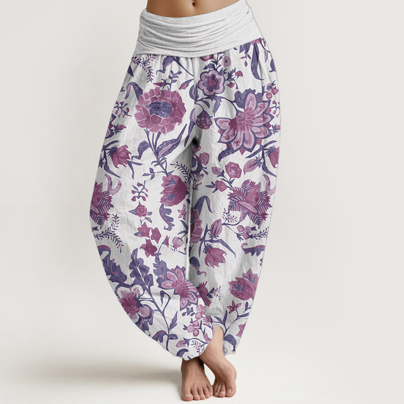 Pantalones harén de algodón puro con estampado de girasoles y cintura elástica para mujer de Buddha Stones - Violeta - US22，UK/AU26，EU54 (6XL) - image 5