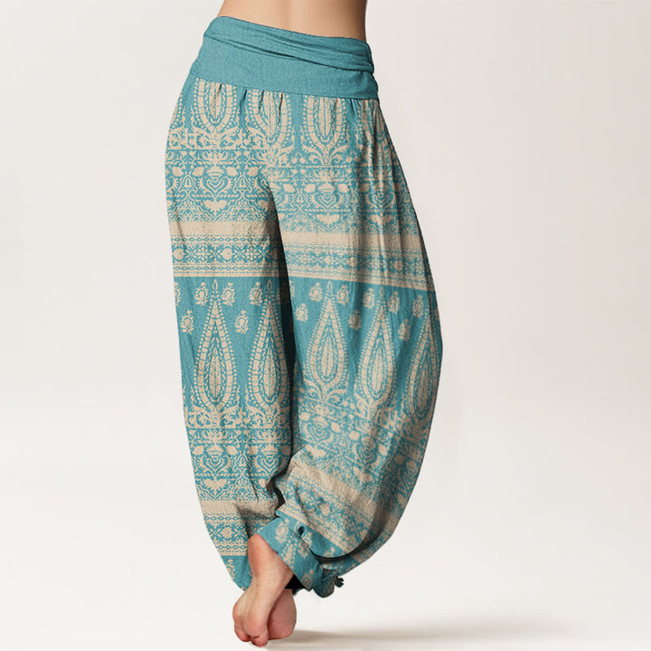 Pantalones harén de Buddha Stones puro con diseño de rayas y plumas para mujer, cintura elástica - image 1