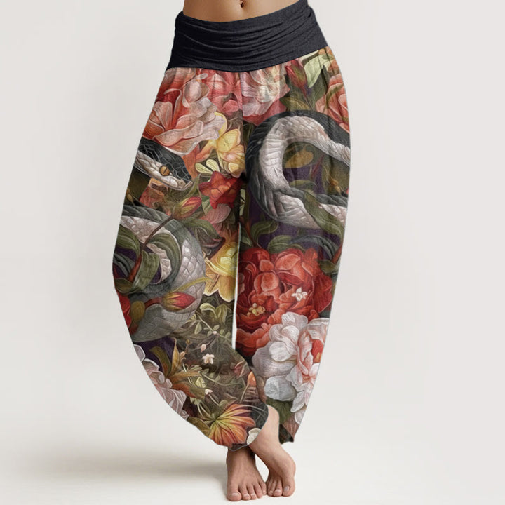 Pantalones harén de algodón puro con estampado de flores de peonía y serpiente para mujer, cintura elástica, con Buddha Stones - Negro - US22，UK/AU26，EU54 (6XL) - image 0