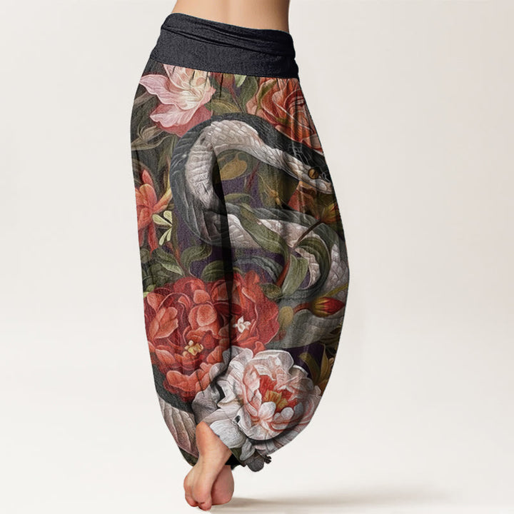 Pantalones harén de algodón puro con estampado de flores de peonía y serpiente para mujer, cintura elástica, con Buddha Stones - image 1