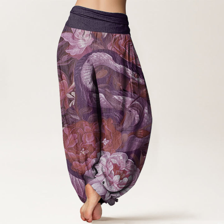 Pantalones harén de algodón puro con estampado de flores de peonía y serpiente para mujer, cintura elástica, con Buddha Stones - image 6
