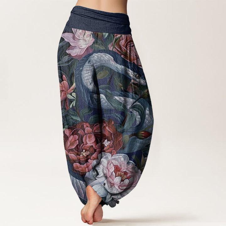Pantalones harén de algodón puro con estampado de flores de peonía y serpiente para mujer, cintura elástica, con Buddha Stones - image 9