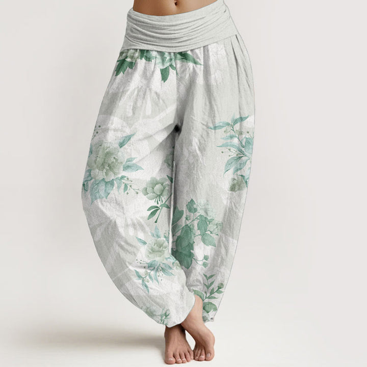 Pantalones harén de cintura elástica para mujer con diseño de flores de algodón puro y hojas blancas de Buddha Stones - Gotas de miel - US22，UK/AU26，EU54 (6XL) - image 5