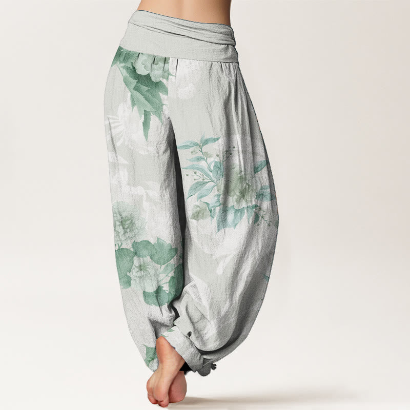 Pantalones harén de cintura elástica para mujer con diseño de flores de algodón puro y hojas blancas de Buddha Stones - image 6