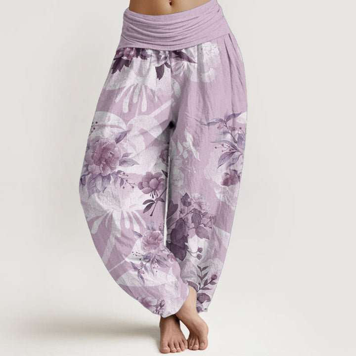 Pantalones harén de cintura elástica para mujer con diseño de flores de algodón puro y hojas blancas de Buddha Stones - Ciruela - US22，UK/AU26，EU54 (6XL) - image 8