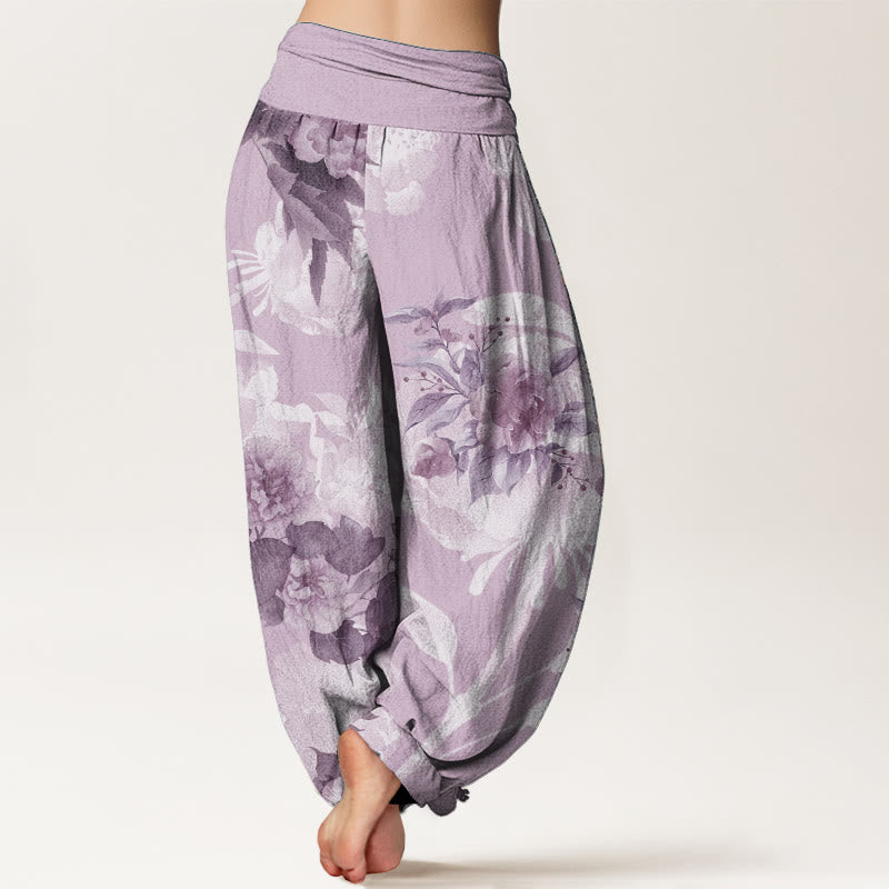 Pantalones harén de cintura elástica para mujer con diseño de flores de algodón puro y hojas blancas de Buddha Stones - image 9