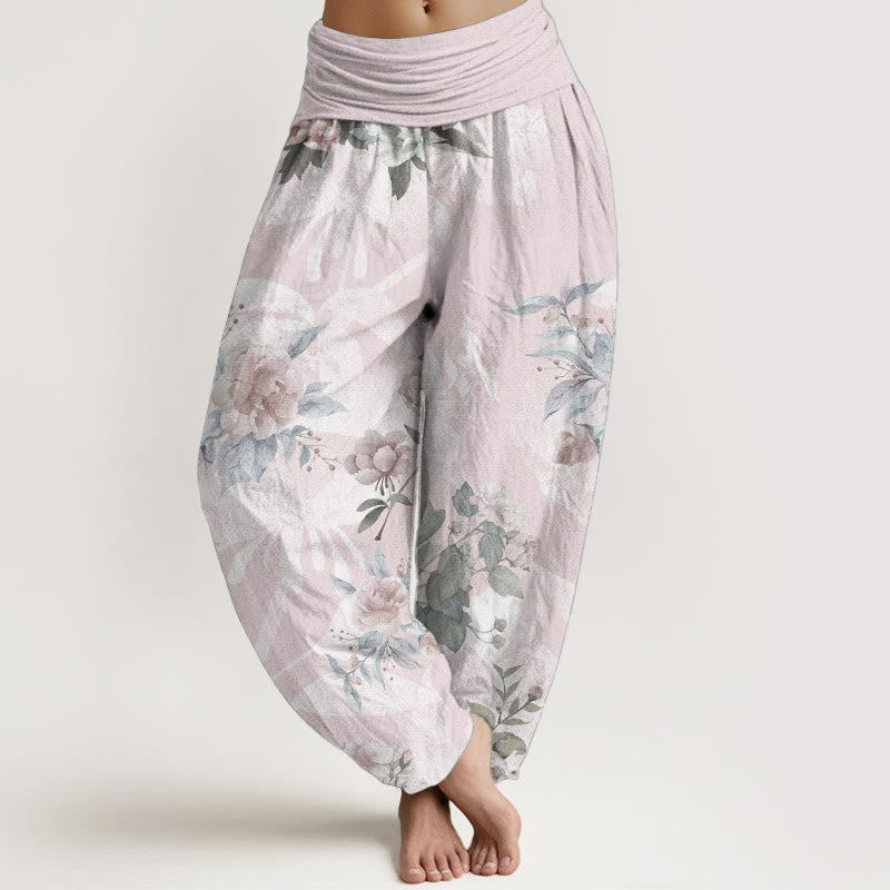 Pantalones harén de cintura elástica para mujer con diseño de flores de algodón puro y hojas blancas de Buddha Stones - Rubor lavanda - US22，UK/AU26，EU54 (6XL) - image 0