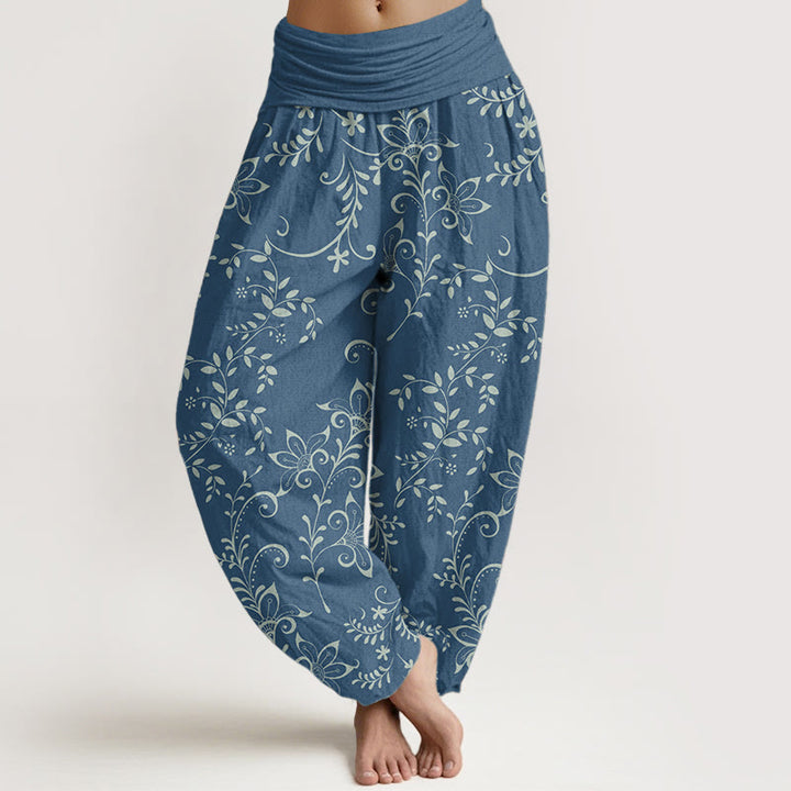 Pantalones Buddha Stones de algodón puro con diseño de flores y enredaderas para mujer, con cintura elástica