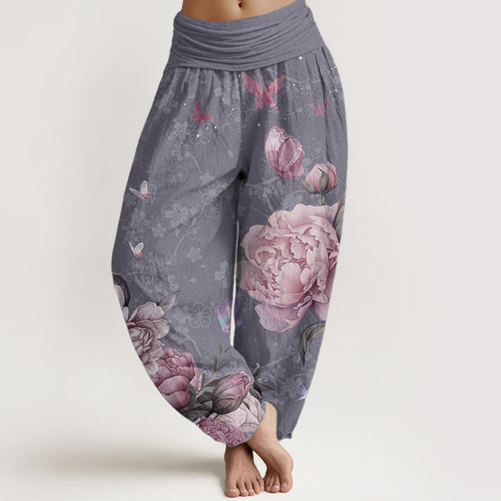Pantalones Buddha Stones de algodón puro con diseño de peonías brillantes y mariposas para mujer, con cintura elástica - Morado medio - US22，UK/AU26，EU54 (6XL) - image 0