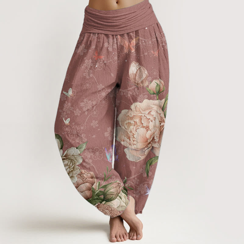 Pantalones Buddha Stones de algodón puro con diseño de peonías brillantes y mariposas para mujer, con cintura elástica - Rojo indio - US22，UK/AU26，EU54 (6XL) - image 5