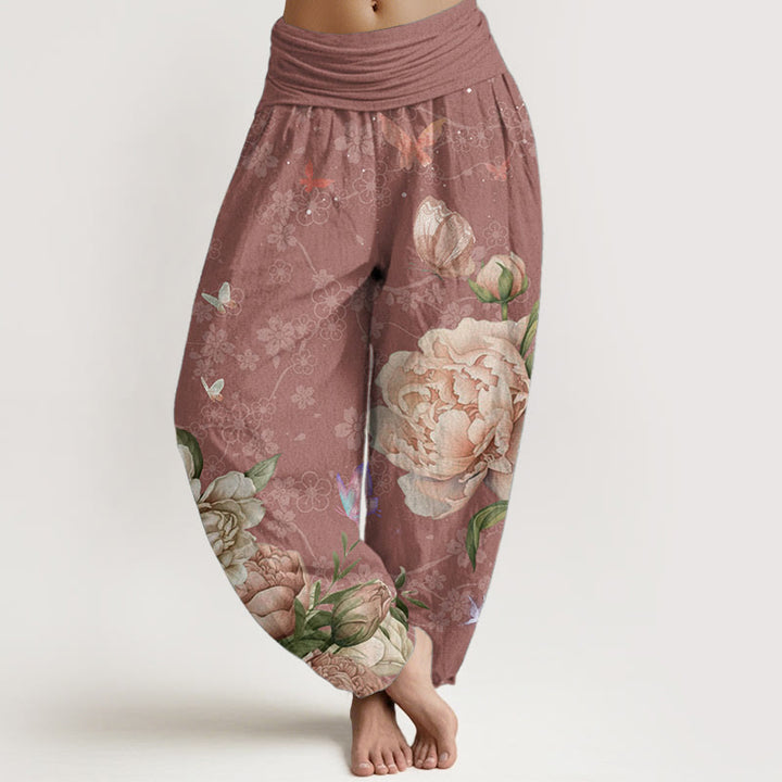 Pantalones Buddha Stones de algodón puro con diseño de peonías brillantes y mariposas para mujer, con cintura elástica - Rojo indio - US22，UK/AU26，EU54 (6XL) - image 5