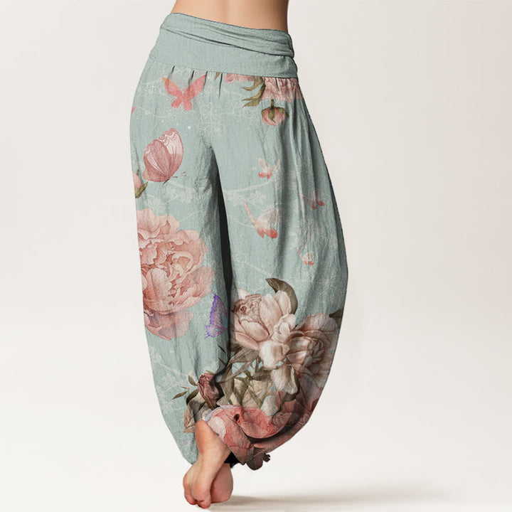 Pantalones Buddha Stones de algodón puro con diseño de peonías brillantes y mariposas para mujer, con cintura elástica - image 9