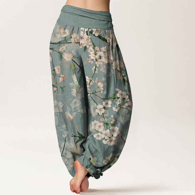 Pantalones harén de algodón puro con estampado de gansos voladores y flores de melocotón de Buddha Stones para mujer, cintura elástica - image 1