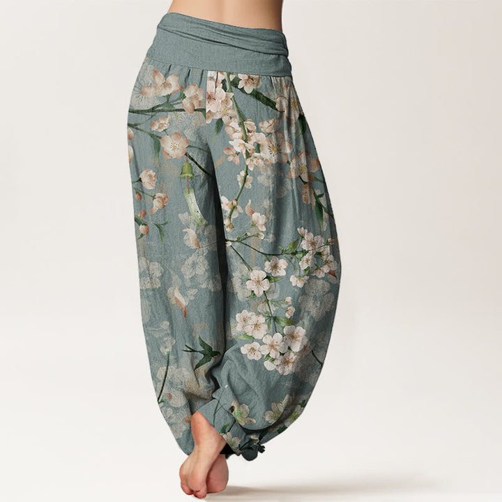 Pantalones harén de algodón puro con estampado de gansos voladores y flores de melocotón de Buddha Stones para mujer, cintura elástica
