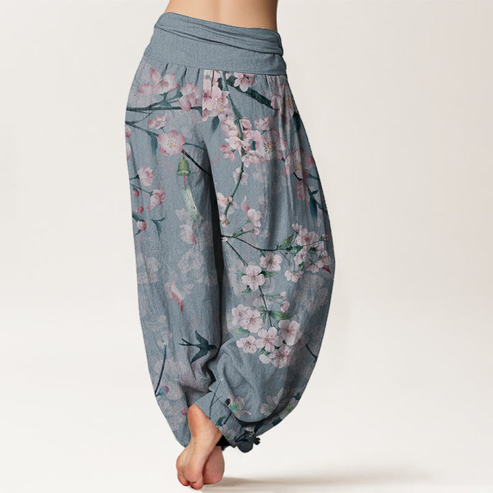 Pantalones harén de algodón puro con estampado de gansos voladores y flores de melocotón de Buddha Stones para mujer, cintura elástica - image 9