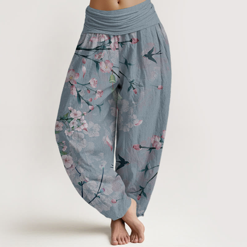 Pantalones harén de algodón puro con estampado de gansos voladores y flores de melocotón de Buddha Stones para mujer, cintura elástica
