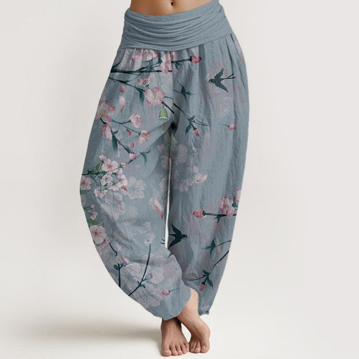Pantalones harén de algodón puro con estampado de gansos voladores y flores de melocotón de Buddha Stones para mujer, cintura elástica
