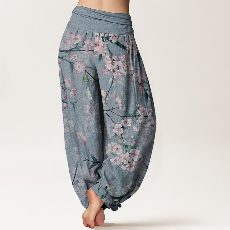 Pantalones harén de algodón puro con estampado de gansos voladores y flores de melocotón de Buddha Stones para mujer, cintura elástica