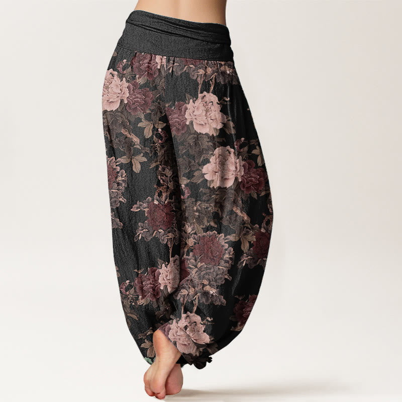 Pantalones Buddha Stones de algodón puro con estampado de peonías y hojas para mujer, informales, con cintura elástica - image 1