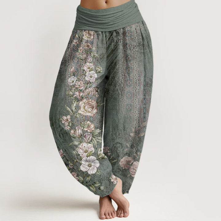 Pantalones Buddha Stones de algodón puro con estampado floral étnico y tótem para mujer, cintura elástica