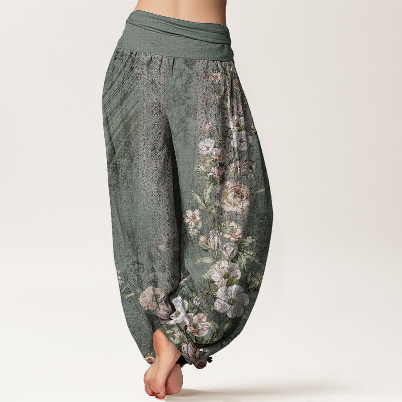 Pantalones Buddha Stones de algodón puro con estampado floral étnico y tótem para mujer, cintura elástica