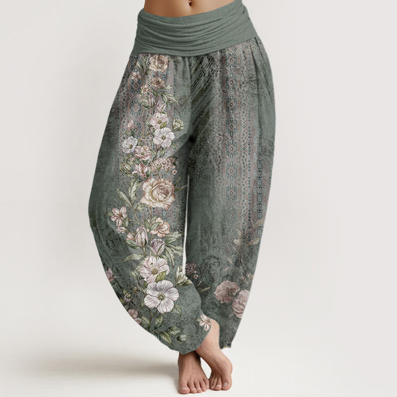 Pantalones Buddha Stones de algodón puro con estampado floral étnico y tótem para mujer, cintura elástica - Verde mar medio - US22，UK/AU26，EU54 (6XL) - image 0