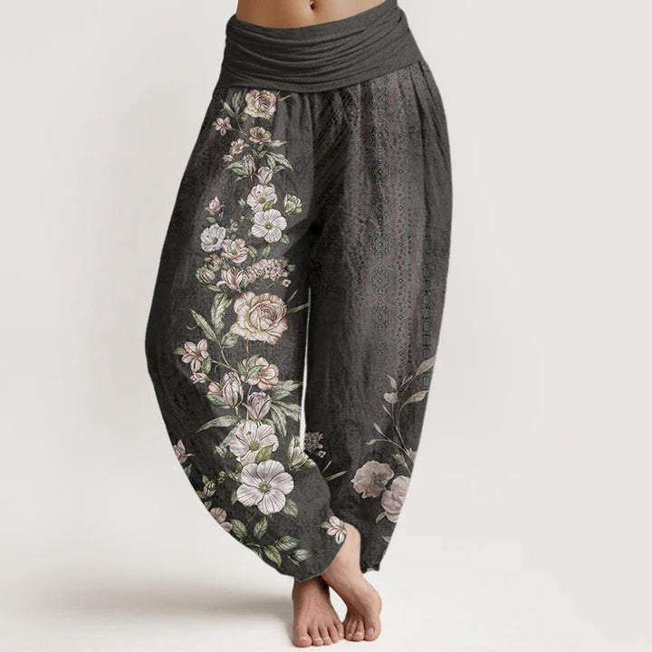 Pantalones Buddha Stones de algodón puro con estampado floral étnico y tótem para mujer, cintura elástica
