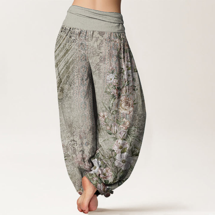 Pantalones Buddha Stones de algodón puro con estampado floral étnico y tótem para mujer, cintura elástica