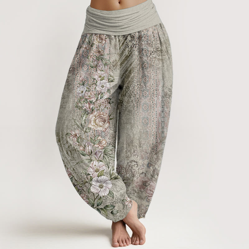 Pantalones Buddha Stones de algodón puro con estampado floral étnico y tótem para mujer, cintura elástica