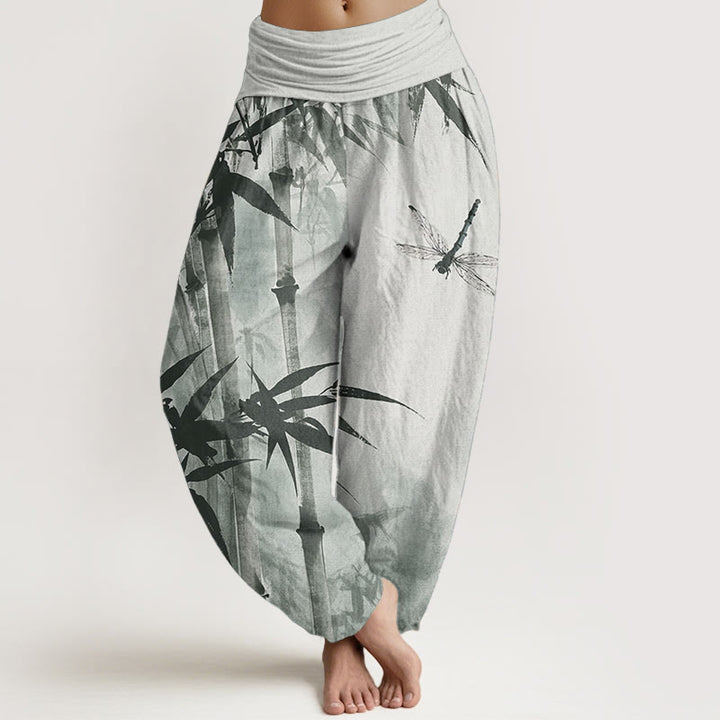 Pantalones Buddha Stones de algodón puro con estampado de libélula y hojas de bambú para mujer, con cintura elástica