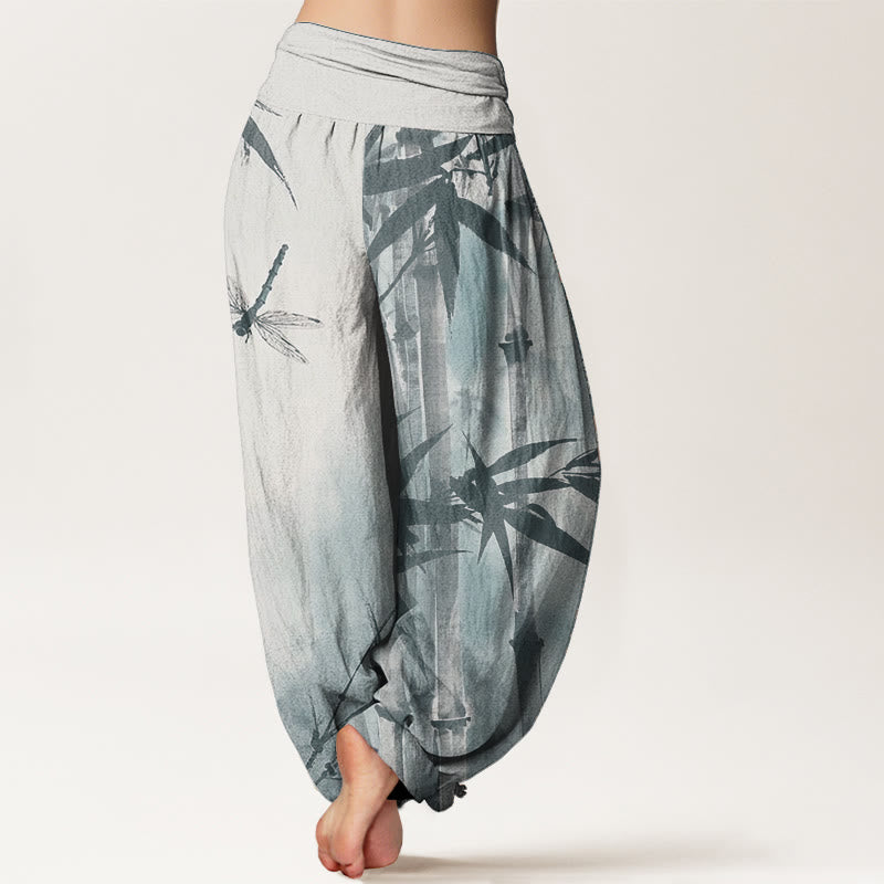 Pantalones Buddha Stones de algodón puro con estampado de libélula y hojas de bambú para mujer, con cintura elástica - image 10