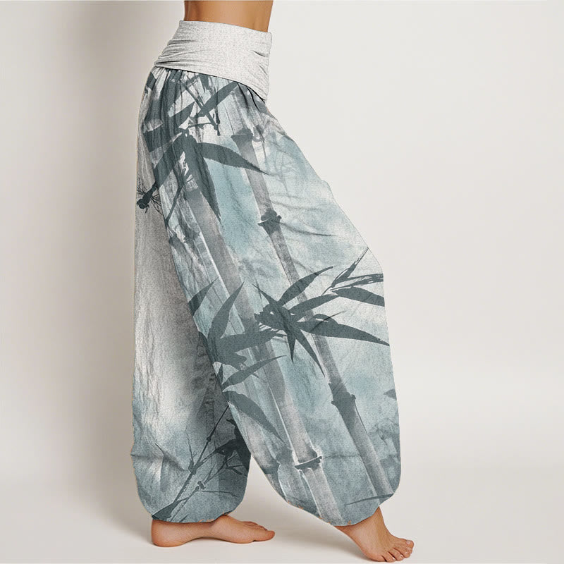 Pantalones Buddha Stones de algodón puro con estampado de libélula y hojas de bambú para mujer, con cintura elástica - image 11