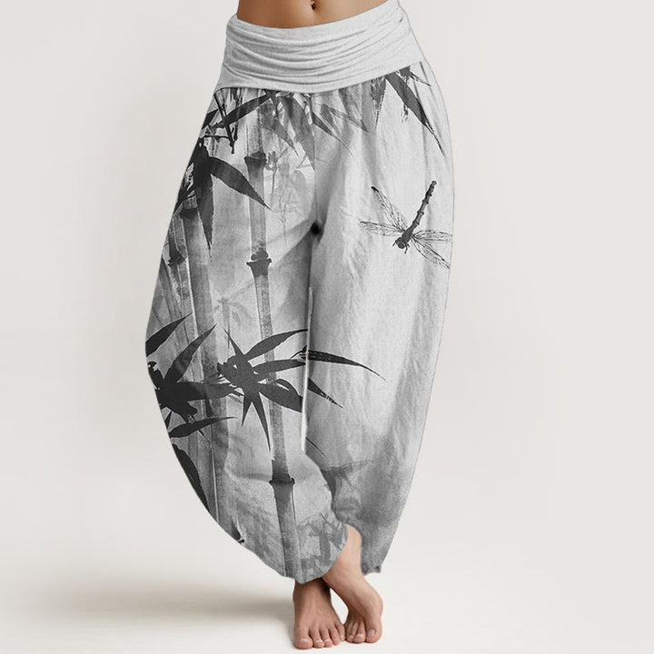 Pantalones Buddha Stones de algodón puro con estampado de libélula y hojas de bambú para mujer, con cintura elástica - Plata - US22，UK/AU26，EU54 (6XL) - image 6