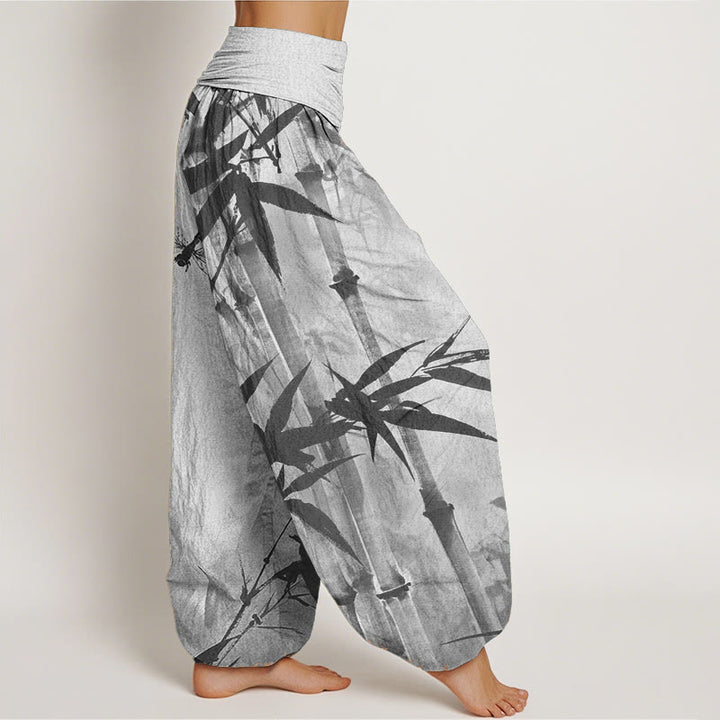 Pantalones Buddha Stones de algodón puro con estampado de libélula y hojas de bambú para mujer, con cintura elástica - image 8